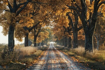 Fototapeta premium A rural landscape with a winding dirt road flanked by dense vegetation