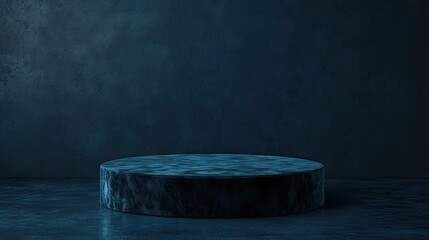 A round podium with a soft velvet finish placed on a dark blue background, perfect for high-end product displays.