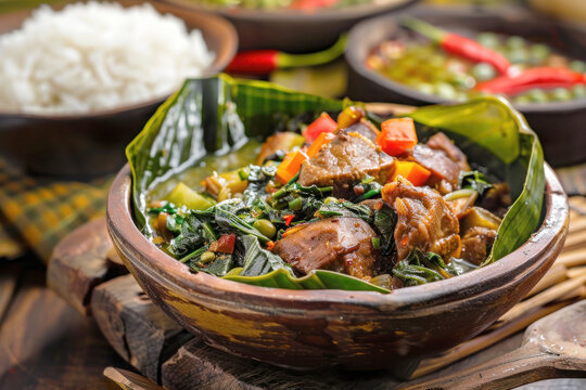 Ugandan Luwombo Meat and Vegetables Steamed in Banana Leaves Served with Rice in Rustic Bowl with Traditional Ugandan Decorations