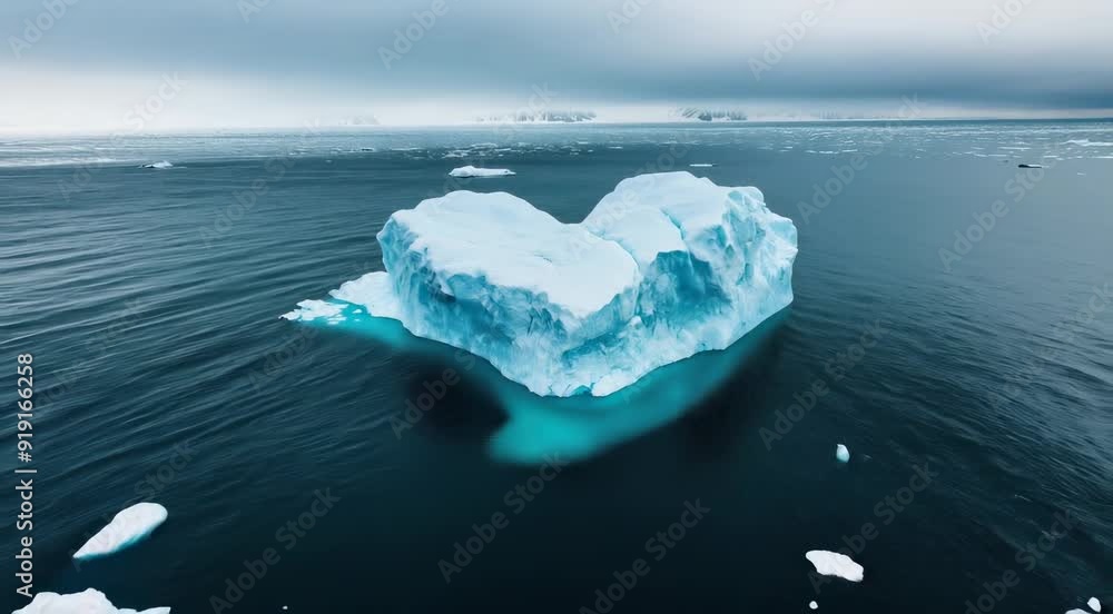 Poster Aerial view of a large iceberg shaped like a heart floating in a calm ocean in an arctic landscape under a cloudy sky.