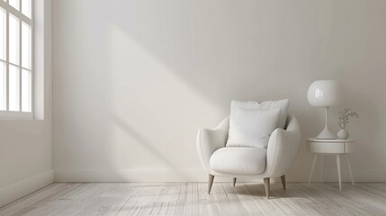
Modern living room interior with a white armchair, white side table and white lamp a white wall background. Minimalist home design concept, it presents a simply decorated space