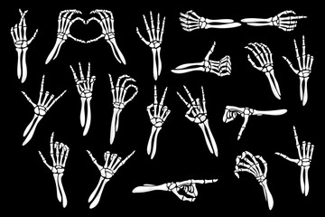 Skeleton hand gesture icons, finger bones with peace sign and love heart, vector Halloween holiday silhouettes. Human skeleton hand gestures of rock, OK or thumb up, pointing finger and victory V sign