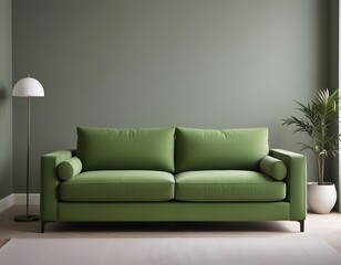 Modern living room interior with green colour Sofa. Authentic home apartment interior with blank wall. Green couch in the living room