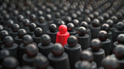 Fototapeta premium Single red figure stands out from the crowd of black ones, a powerful metaphor of leadership, uniqueness and individuality.