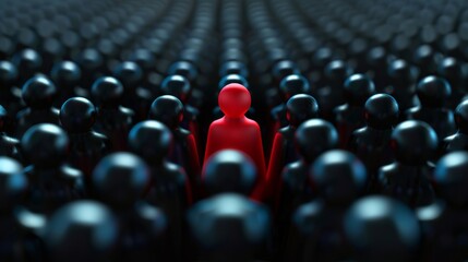 Obraz premium Single red figure stands out from the crowd of black ones, a powerful metaphor of leadership, uniqueness and individuality.