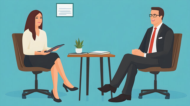 - An illustration of a job interview setting where the interviewee and interviewer are both dressed in business casual attire, seated across from each other