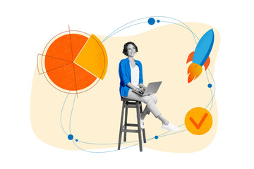 3d retro abstract creative artwork template collage of happy young businesswoman sitting chair data...