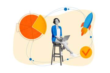 3d retro abstract creative artwork template collage of happy young businesswoman sitting chair data success statistics rocket fly start up