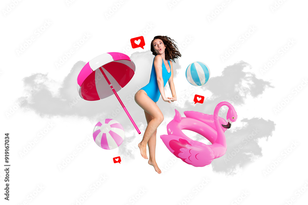 Poster photo banner collage of young relaxing girl blog wear blue bikini jumping heaven advert travel agenc