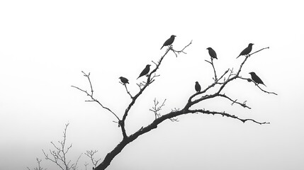 Obraz premium Silhouetted Birds Perched on a Bare Branch