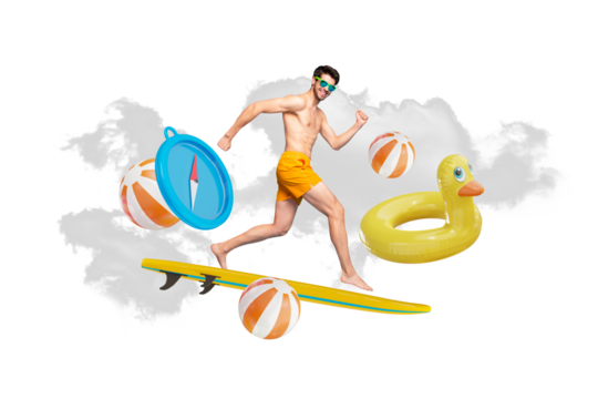 Collage picture of young macho guy running swimming surfboard shirtless wear sunglass navigation compass isolated over sky background