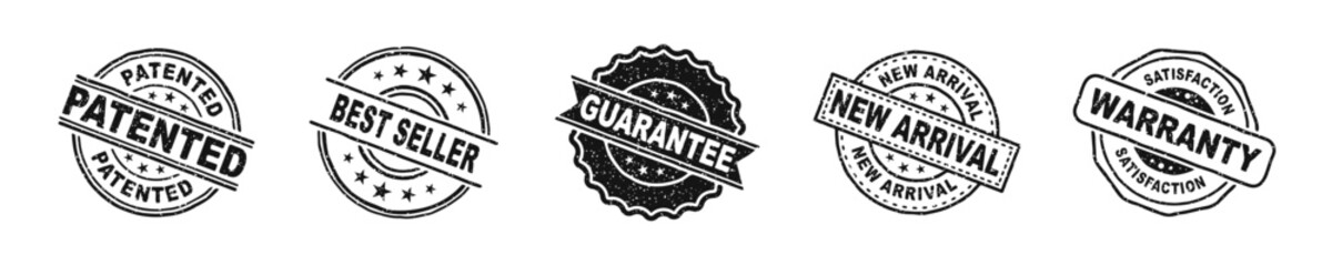 Product stamp, best seller, patented grunge vector set.
