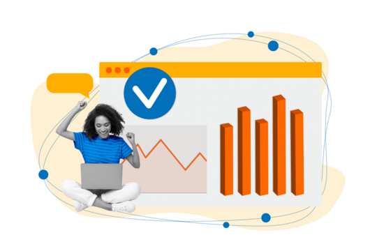 Composite collage image of excited young female celebrate success raise fists data statistics analysis businesswoman start up economist