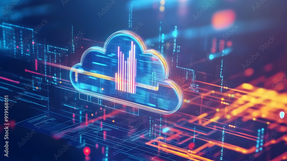 Poster cloud technology and big data analytics - a visual representation of cloud servers processing and an