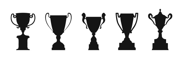 Winner cup vector icon set. Trophy goblet black silhouette icons.