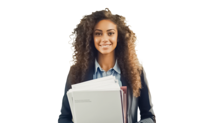 Young successful female african american employee business secretary woman on transparent background.
