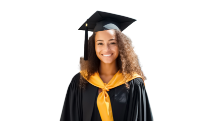 Young african american female graduate at her graduation on transparent background.

