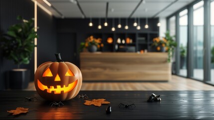 A modern office interior with a large, carved pumpkin placed near the reception desk, surrounded by Halloween-themed props like fake spiders and eerie lights