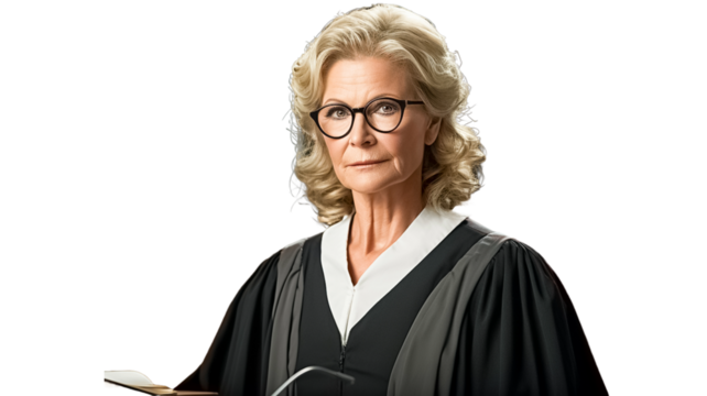 Serious blond woman in black mantle on transparent background. 
