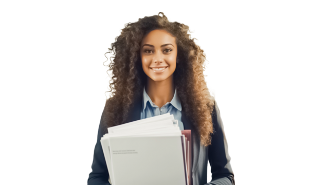 Young successful female african american employee business secretary woman on transparent background.
