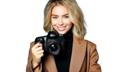 Young blonde photographer holding digital camera. on transparent background.
 