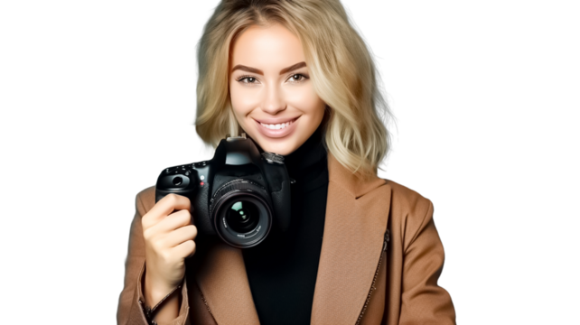 Young blonde photographer holding digital camera. on transparent background.
 