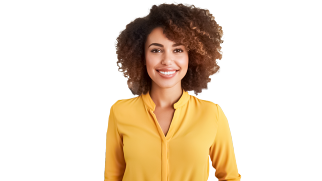 Portrait of beautiful african american woman wearing yellow sweater smiling on transparent background.