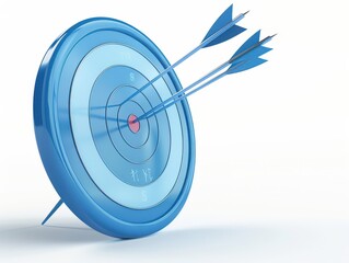 3D render of blue target with three arrows hitting center, side view, white background
