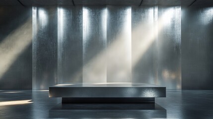 Obraz premium Minimalist Concrete Platform with Light Streaks and Metal Wall
