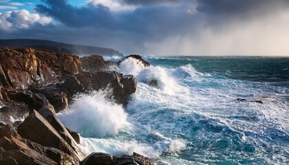 Obraz premium Stormy ocean waves crashing against rocks