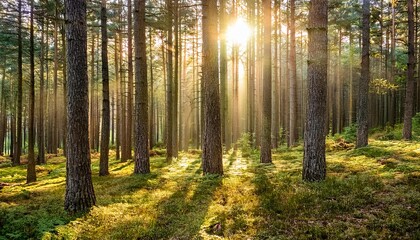 Obraz premium Sunlight streaming through a dense pine forest