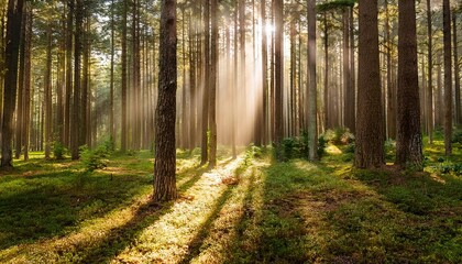 Fototapeta premium Sunlight streaming through a dense pine forest