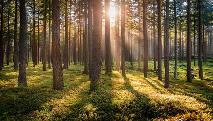 Fototapeta premium Sunlight streaming through a dense pine forest
