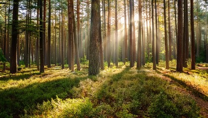 Obraz premium Sunlight streaming through a dense pine forest