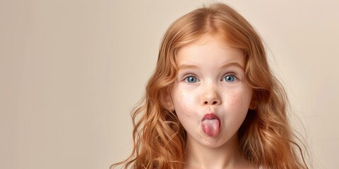 Playful little girl sticking out her tongue in a light-hearted moment, expressing innocence and joy against a plain background.