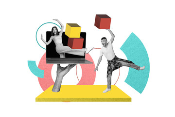 Photo collage artwork picture of funky couple playing game apple samsung modern device isolated graphical background