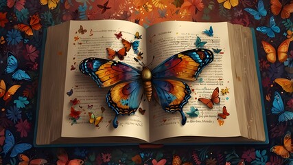 A stunning, hand-drawn illustration of an open book, its pages filled with vibrant colors and intricate designs, surrounded by a kaleidoscope of fluttering butterflies.