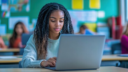 A young teacher of African American descent sitting at her desk in a modern classroom, working on a laptop, preparing lesson plans, and utilizing digital resources to enhance her teaching methods