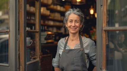 Fototapeta premium A woman wearing a grey apron stands in front of a store with a smile on her face