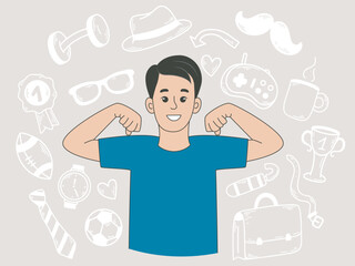 Smiling positive man showing muscles surrounded by hand-drawn icons of male everyday life and sports. Concept male strength, hobby or father's day, vector graphics