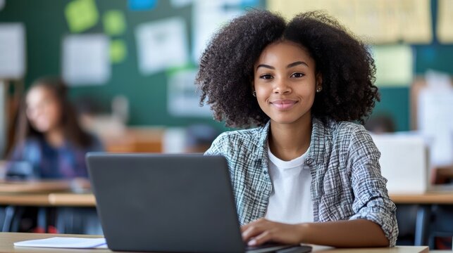 A young African American teacher sitting at her desk in a modern classroom, working on a laptop, preparing lesson plans, and utilizing digital resources to enhance her teaching methods