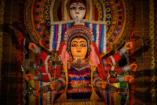 Idol of Goddess Devi Durga at a decorated puja pandal in Kolkata, West Bengal, India on October 19, 2023. Durga Puja is a major religious festival of Hinduism that is celebrated globally.