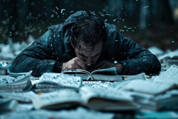A man intensely reading in an open space, surrounded by scattered papers falling around him. The intensity and focus are palpable amid the chaos of flying pages.