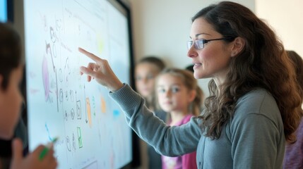 A teacher using an interactive whiteboard to explain a complex concept to a class of attentive students, highlighting the integration of technology in modern teaching and learning