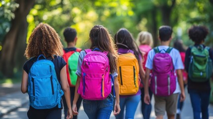 Obraz premium Students with colorful school backpacks walking down a tree-lined street after class animatedly discussing their day and exchanging ideas the lively conversation and vibrant backpacks add a cheerful