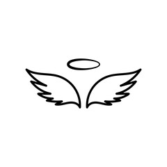 Angels wings with halo. Hand drawn vector feather angel. Handdrawn sketch feathers bird