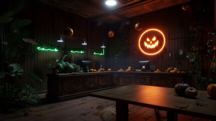 An office party scene with employees in Halloween costumes, with a table set with Halloween-themed snacks and drinks, and spooky symbols adorning the walls