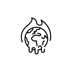 Global warming icon. A simple vector illustration depicting a melting Earth surrounded by flames. Ideal for use in environmental educational materials, or sustainability projects. Vector illustration