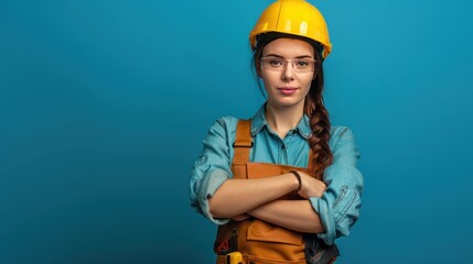 Fototapeta premium Confident Woman in Yellow Hard Hat and Safety Glasses
