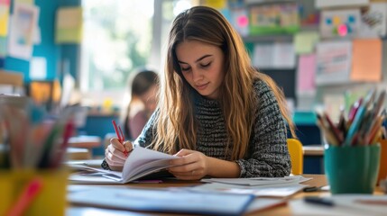 A young teacher sitting at a desk in a quiet classroom working on lesson plans with educational resources neatly organized around her the serene atmosphere and her focused expression highlight the